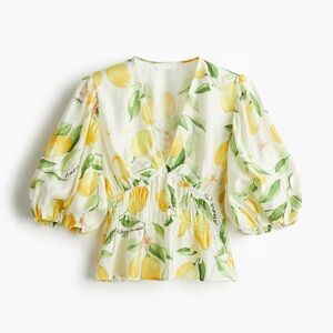 Floral Lemon Print V Neck Women's Blouse